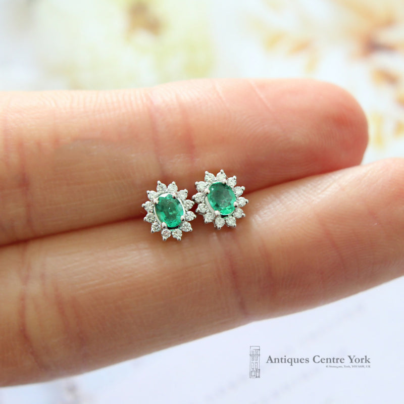 18ct White Gold Emerald & Diamond Oval Cluster Earrings