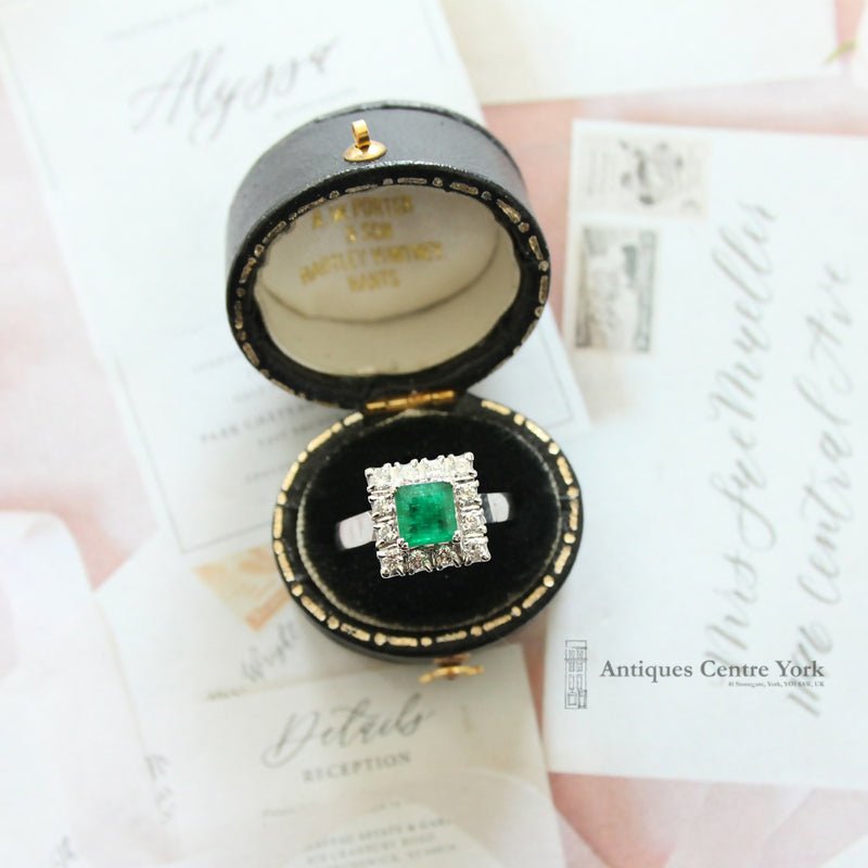 18ct White Gold Emerald & Diamond Square Cluster Ring