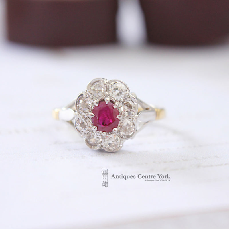Edwardian 18ct Ruby & Diamond Oval Cluster Ring
