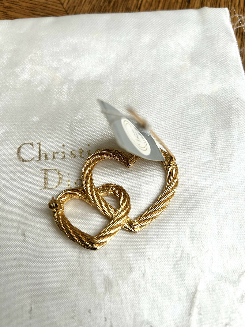 Vintage Christian Dior Double Heart Gold Plated Brooch with tag