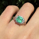 Vintage Platinum Colombian Emerald and Diamond Cluster Ring, Platinum 900, Emerald 1.11ct