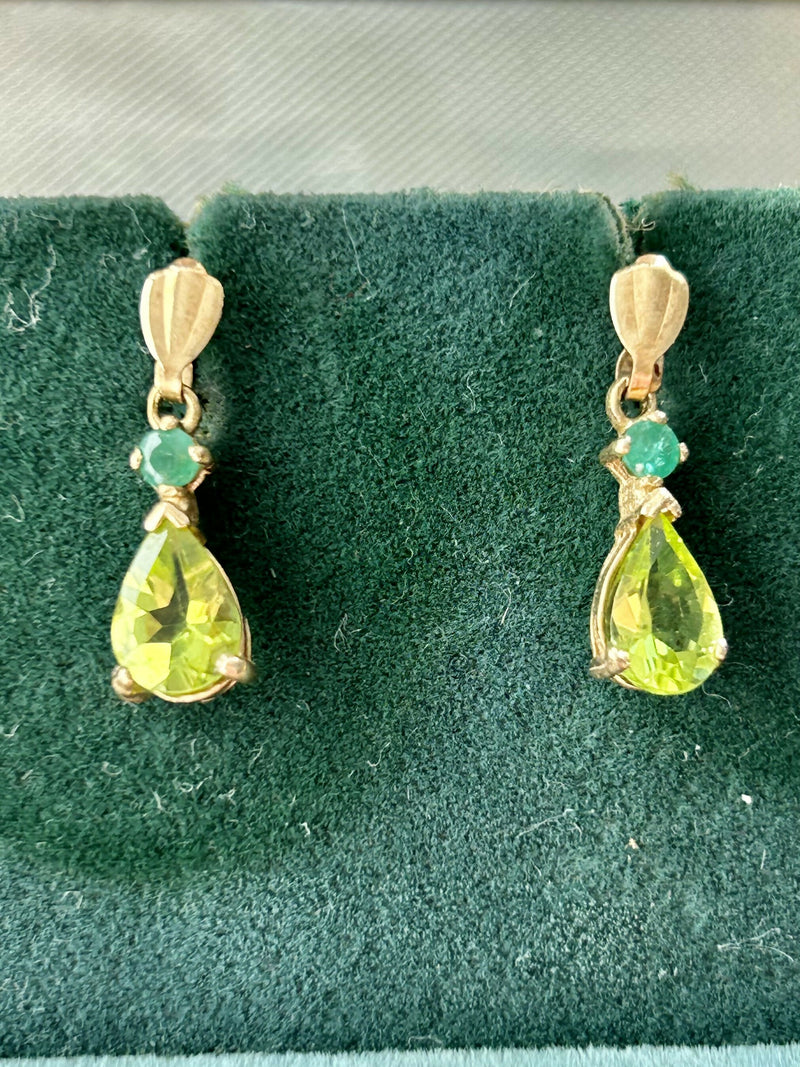 Hallmarked 9ct Yellow Gold Emerald & Peridot Drop Earrings