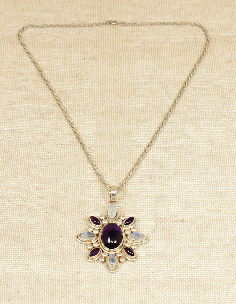 Silver Moonstone & Amethyst Impressive Pendant & Chain