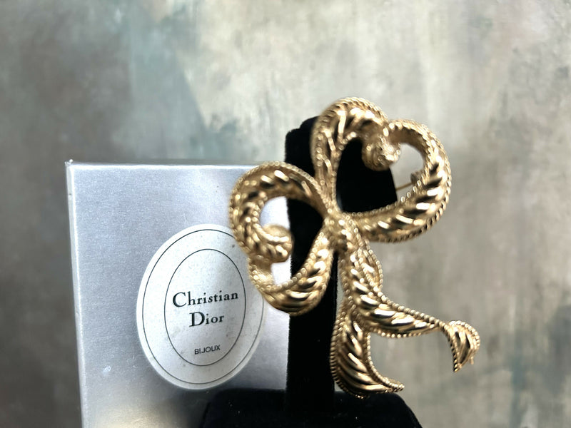 Vintage Christian Dior Large Gold Plated Bow Brooch with CD Box