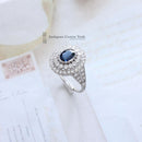 18ct White Gold Sapphire & 2 Row Diamond Cluster Ring