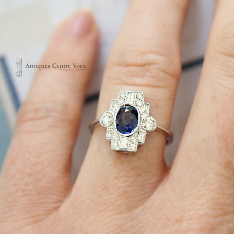 Deco Style 18ct White Gold Sapphire & Diamond Cluster Ring