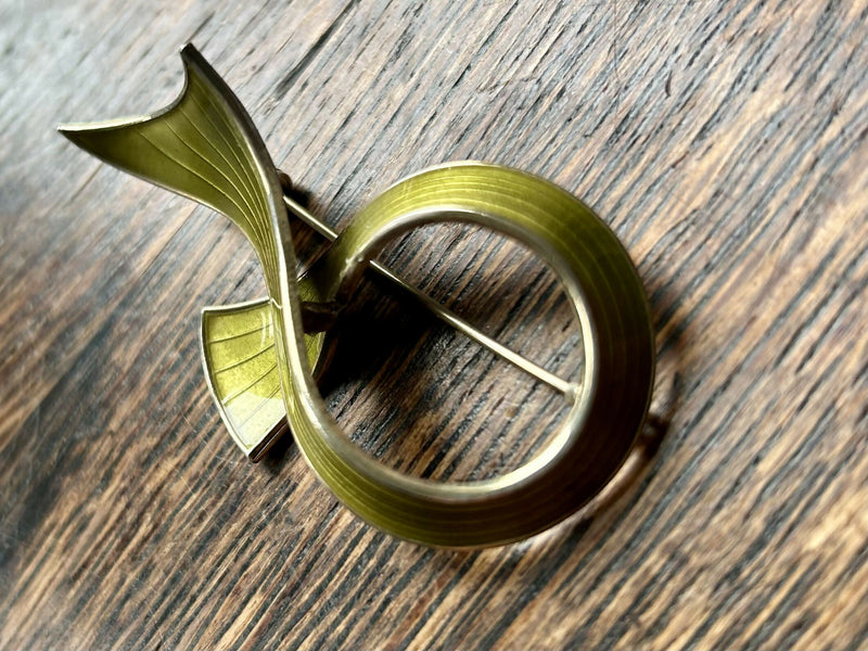 Modern Mid Century Norwegian Ivar T Holmsen Sterling Silver Leaf Green Enamel Brooch