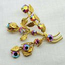 Vintage 1950's Gold Tone & Crystal Floral Brooch