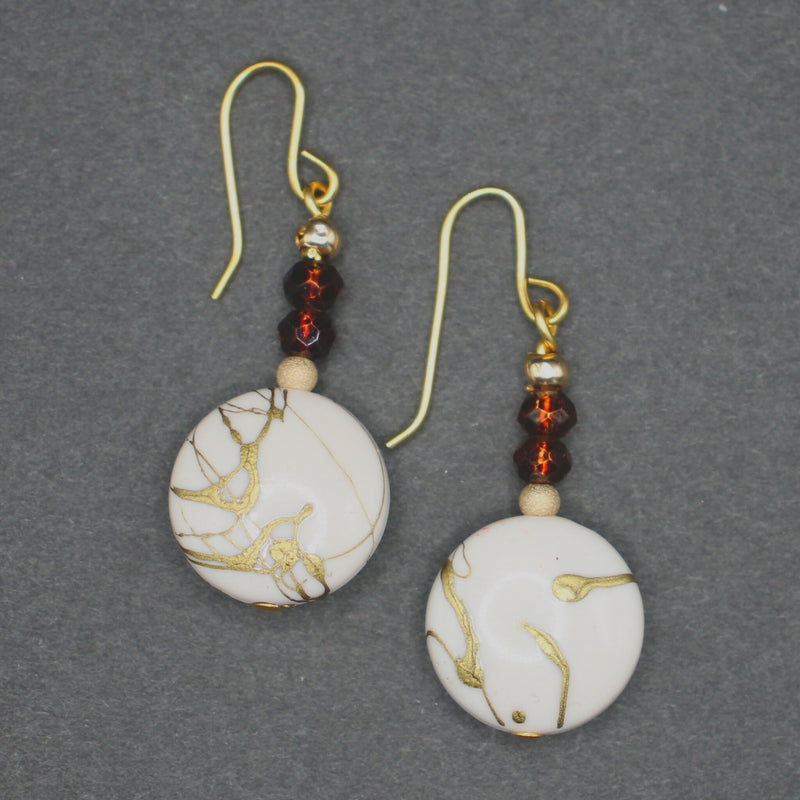 Bridget: Cream and gold resin and brown crystal drop earrings