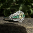 Art Deco Style Yellow Diamond Emerald & White Diamond Ring