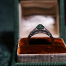 Art Deco Style Platinum Pt950 Emerald Cabochon Diamond and White Topaz Ring With Engraved Details Size K