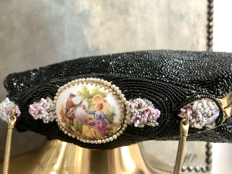 Vintage 1930/40s Micro-Beaded Evening Bag with Limoges Plaque