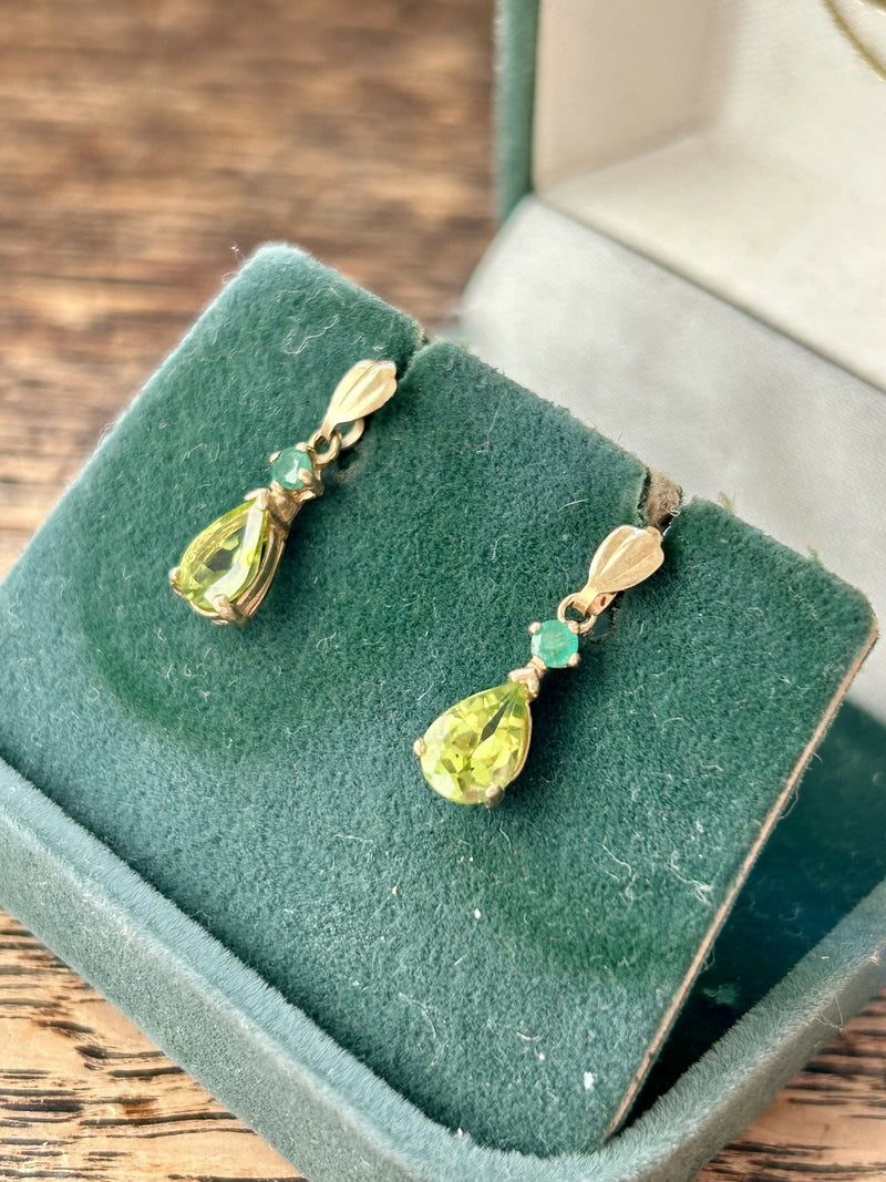 Hallmarked 9ct Yellow Gold Emerald & Peridot Drop Earrings