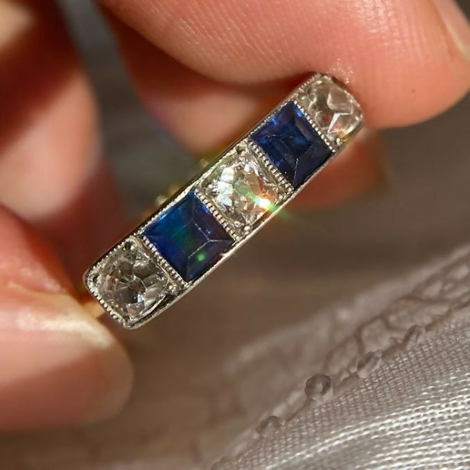 18ct Art Deco Sapphire Old Cut Diamond Five Stone