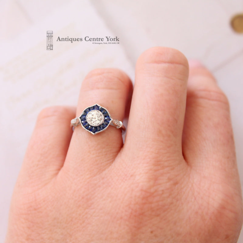 Art Deco Style 18ct White Gold Sapphire & Diamond Ring 0.66ct