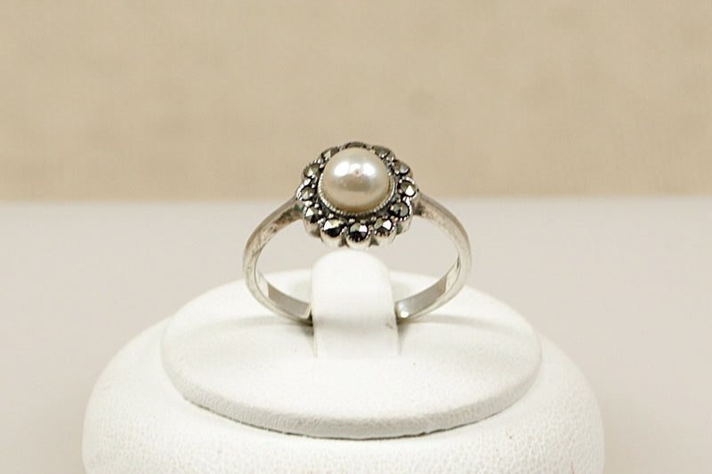 Silver, Marcasite & Faux Pearl Ring