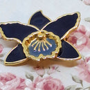 Gold Tone & Navy Blue Enamelled Orchid Brooch