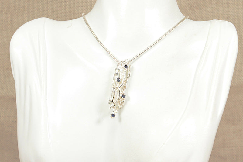 Silver & Sapphire ‘Brutalist’ Style Pendant & Chain