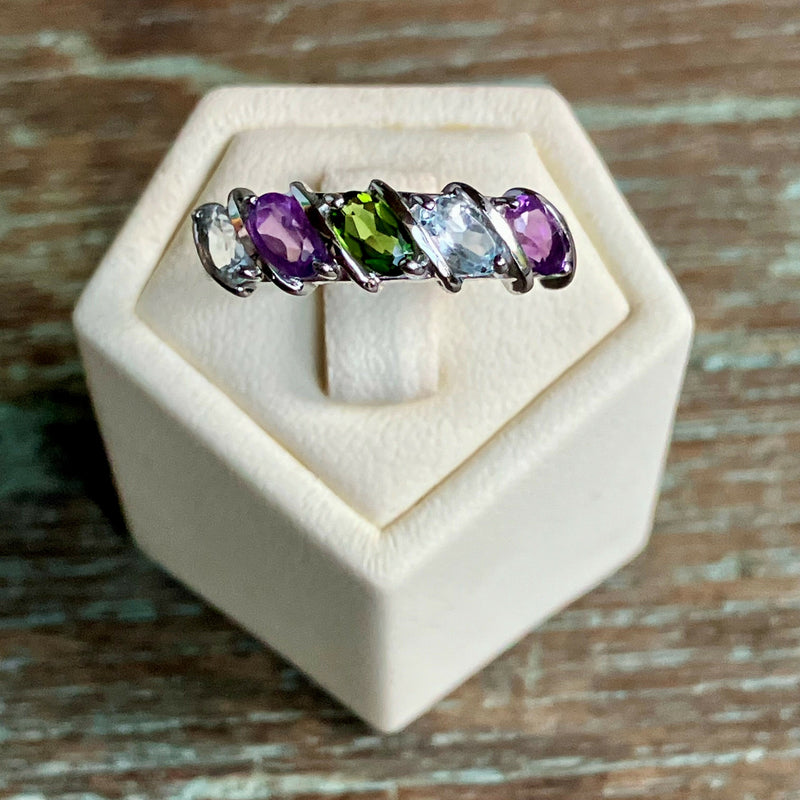 9ct White Gold Ring Amethyst, Aquamarine and Diopside SIZE N