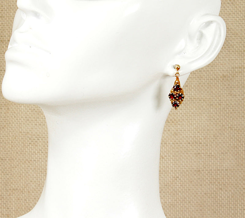 9ct Gold & Garnet Cluster Dropper Earrings