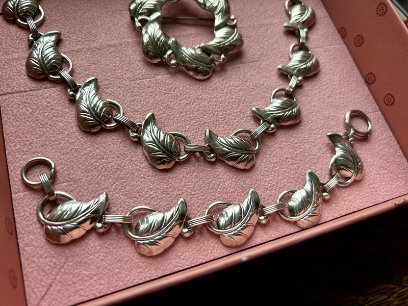 Scandinavian Modern Mid Century Sterling Silver Danecraft Leaf Necklace Bracelet & Brooch Set