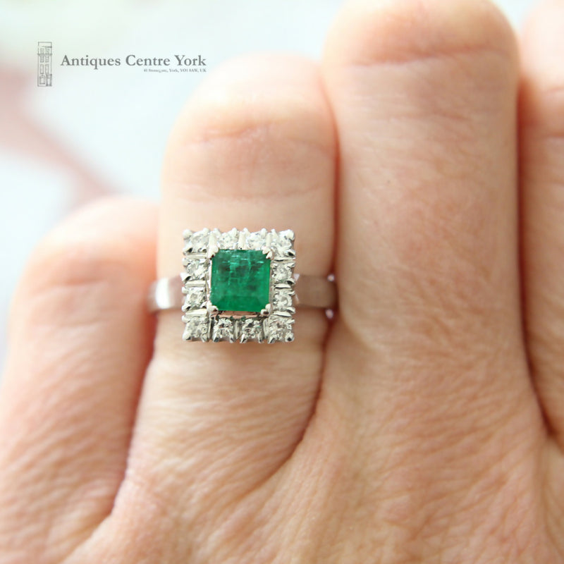 18ct White Gold Emerald & Diamond Square Cluster Ring