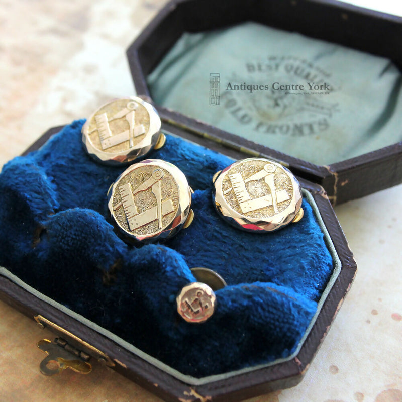 Victorian Gold Fronted Masonic Waistcoat Buttons in Case