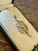 Art Nouveau Hallmarked 9ct Yellow Gold Aquamarine & Seed Pearl Pendant