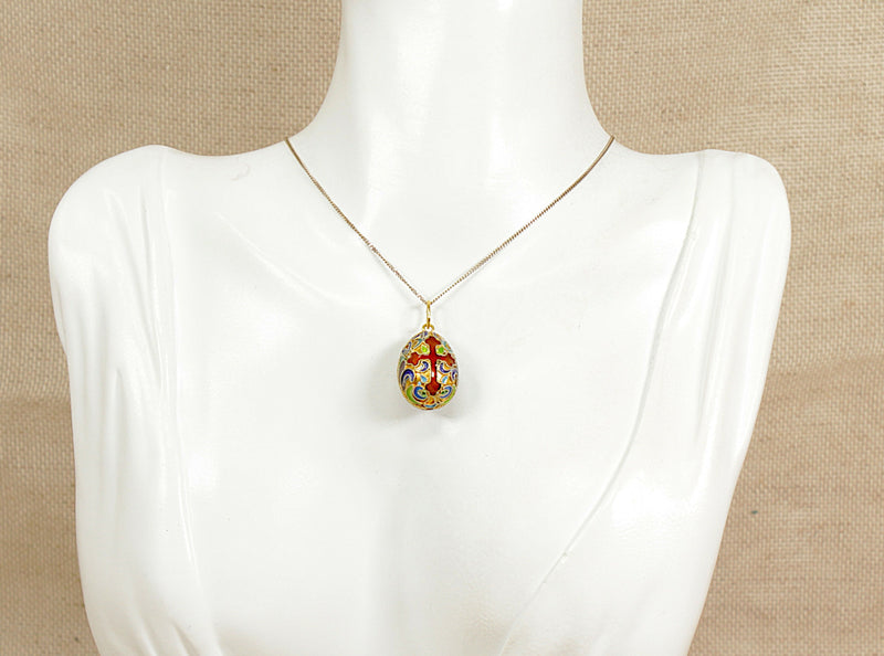 Silver Gilt Cloisonne Russian Style Egg Pendant & Silver Gilt Chain