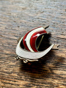 Modern Mid Century Norwegian Sterling Silver Aksel Holmsen Crimson Red Enamel Viking Ship Brooch