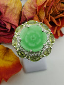 Copy of New Green Jade, Peridot and Natural Cambodian White Zircon Carved Jade Ring (Size P) in Rhodium Overlay Sterling Silver