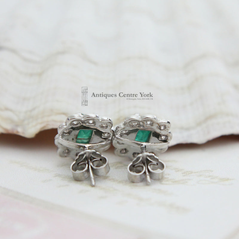 9ct White Gold Emerald & Diamond Cluster Earrings 0.80ct