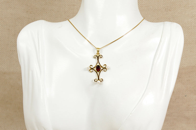Silver Gilt Lavaliere Victorian Style Garnet and Faux Pearl Pendant & Chain