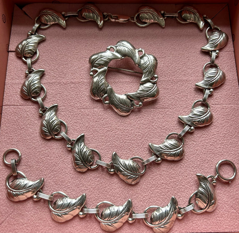 Scandinavian Modern Mid Century Sterling Silver Danecraft Leaf Necklace Bracelet & Brooch Set