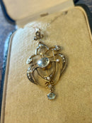 Art Nouveau Hallmarked 9ct Yellow Gold Aquamarine & Seed Pearl Pendant