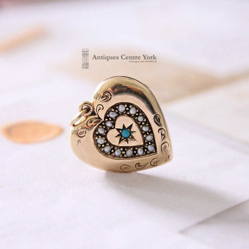 Vintage 9ct Turquoise & Pearl Heart Locket