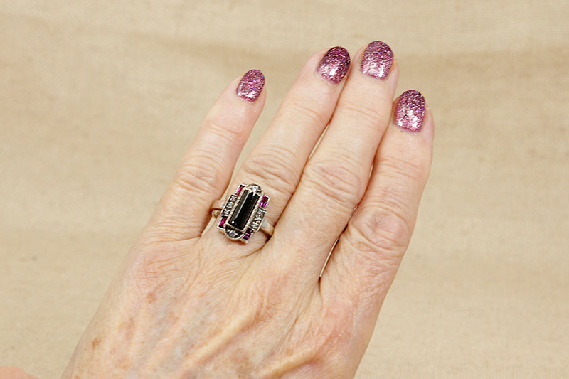Silver Art Deco Style Onyx, Marcasite & Red Stone Ring