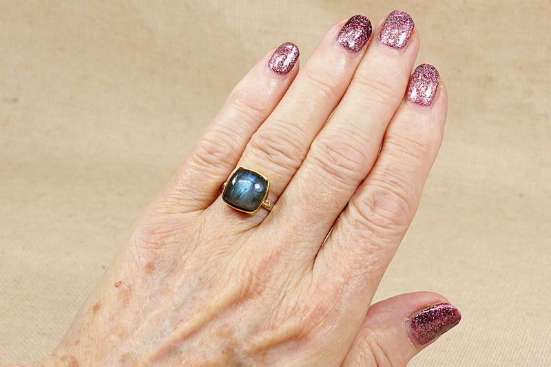 Silver & Labradorite Statement Ring with Gold Overlay Detailing