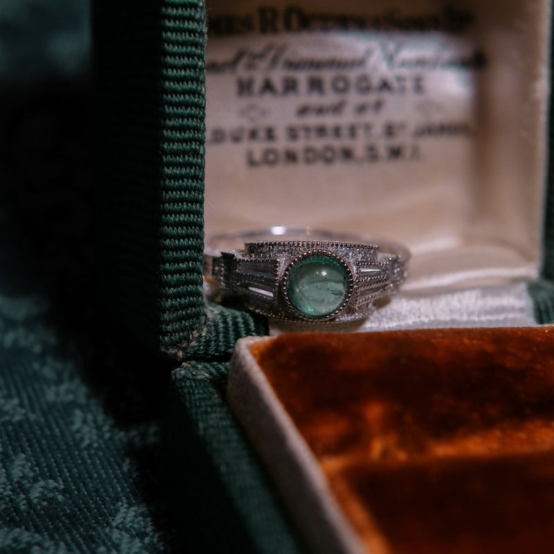 Art Deco Style Platinum Pt950 Emerald Cabochon Diamond and White Topaz Ring With Engraved Details Size K