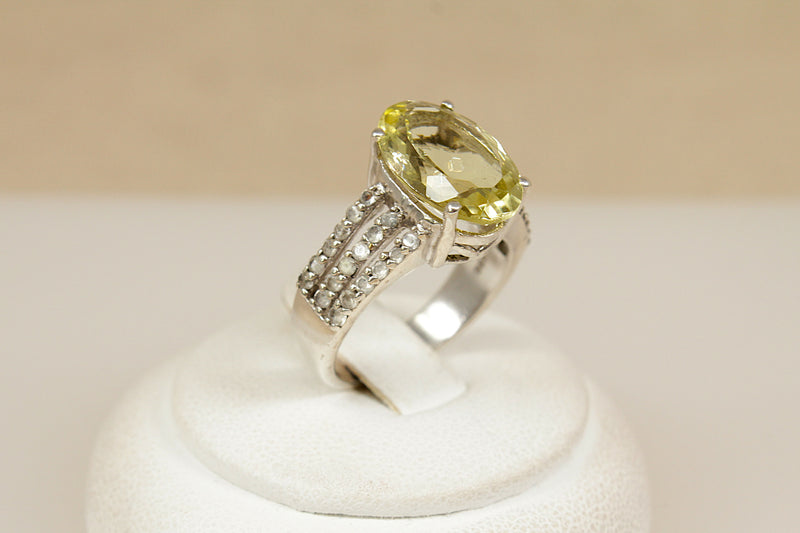 Silver Large Lemon Citrine and White Topaz Ring