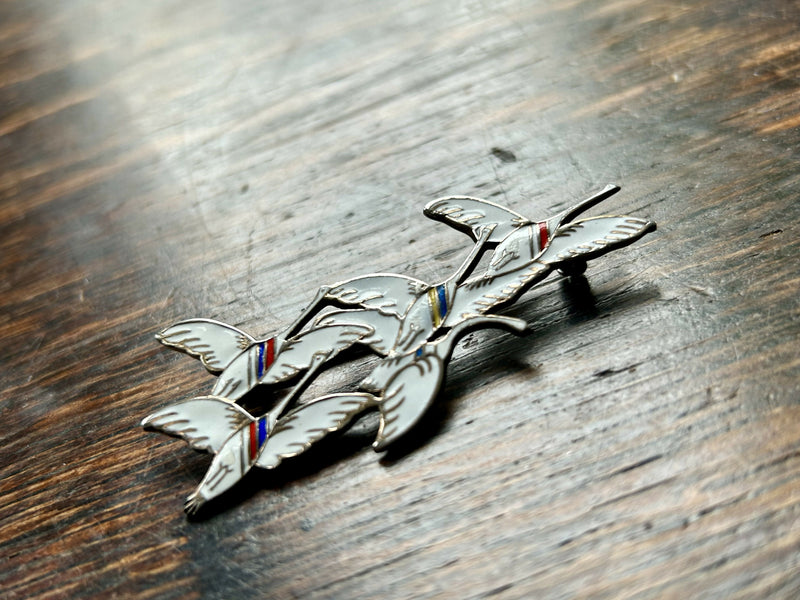 Modern Mid Century Scandinavian Erik Magnussen Sterling Silver Hand Painted Enamel Flying Geese Brooch