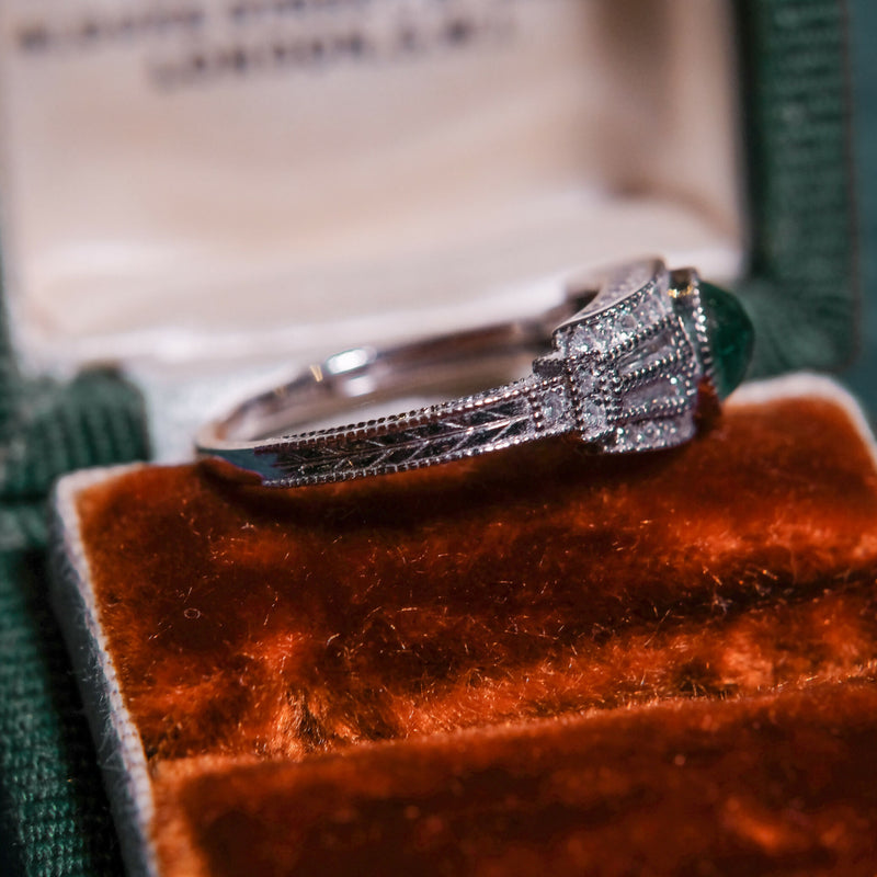 Art Deco Style Platinum Pt950 Emerald Cabochon Diamond and White Topaz Ring With Engraved Details Size K