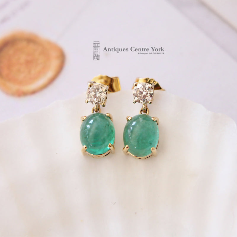 18ct Cabouchon Emerald & Diamond Earrings