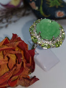 Copy of New Green Jade, Peridot and Natural Cambodian White Zircon Carved Jade Ring (Size P) in Rhodium Overlay Sterling Silver