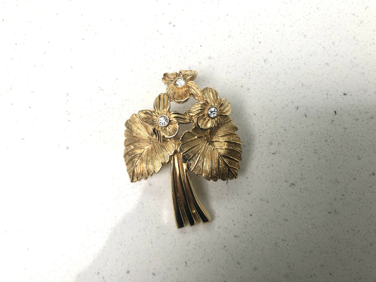 Vintage Christian Dior Floral Leaf Brooch with Crystal Glass Stones
