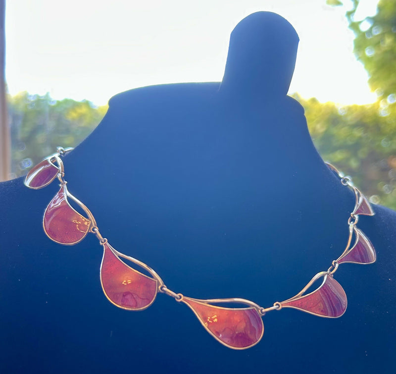 Norwegian 1932 Sterling Silver London Import Marked Ox Blood Red Enamel Necklace