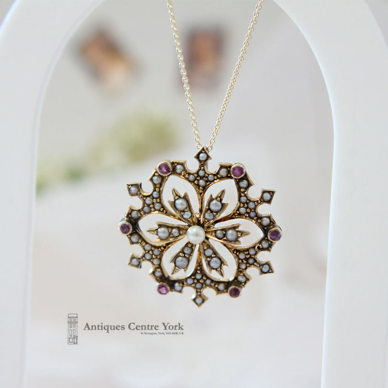 Victorian 9ct Ruby & Pearl Pendant