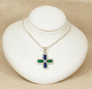 Silver Italian Green & Blue Cross Pendant & Chain