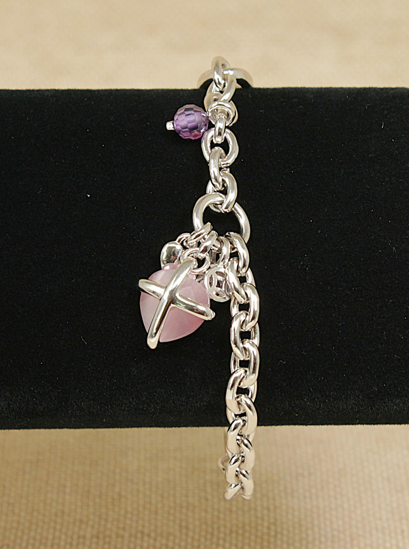 Silver Designer Belcher Bracelet, Pink Quartz Charms