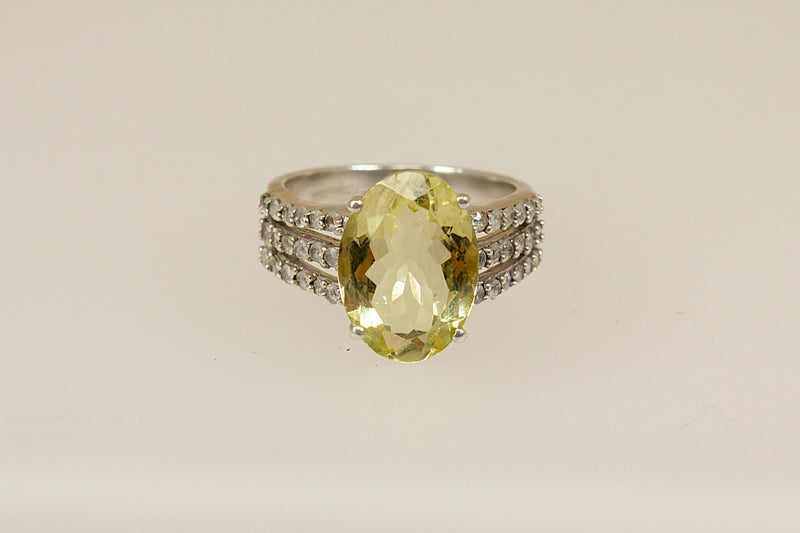 Silver Large Lemon Citrine and White Topaz Ring